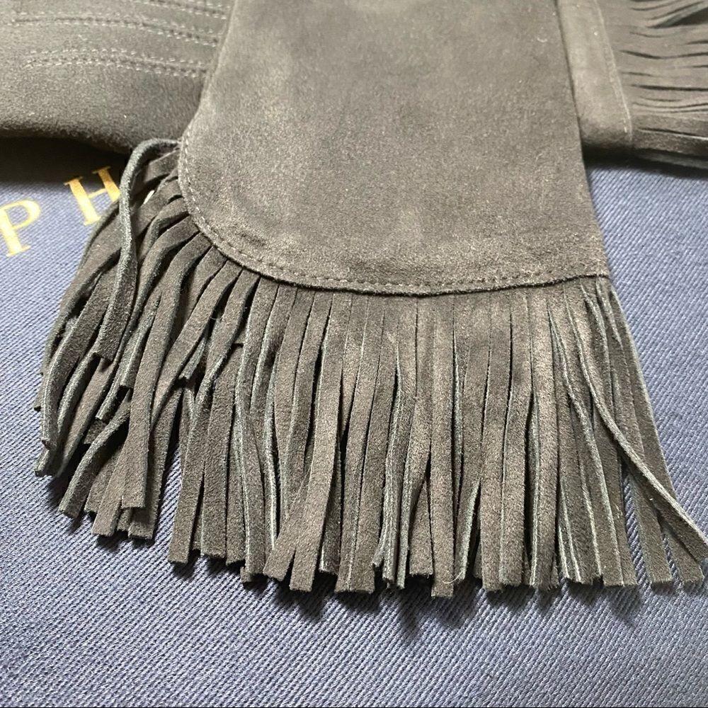 *Ralph Lauren Collection Black Cashmere Lined Lamb Suede Fringe Trimmed Gloves - Picture 4 of 16